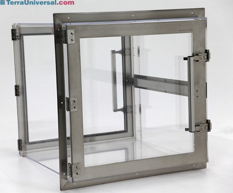Acrylic cleanroom pass-through with stainless steel-reinforced door frames includes a mechanical interlock to prevent cross-contamination | 1992-51D displayed
