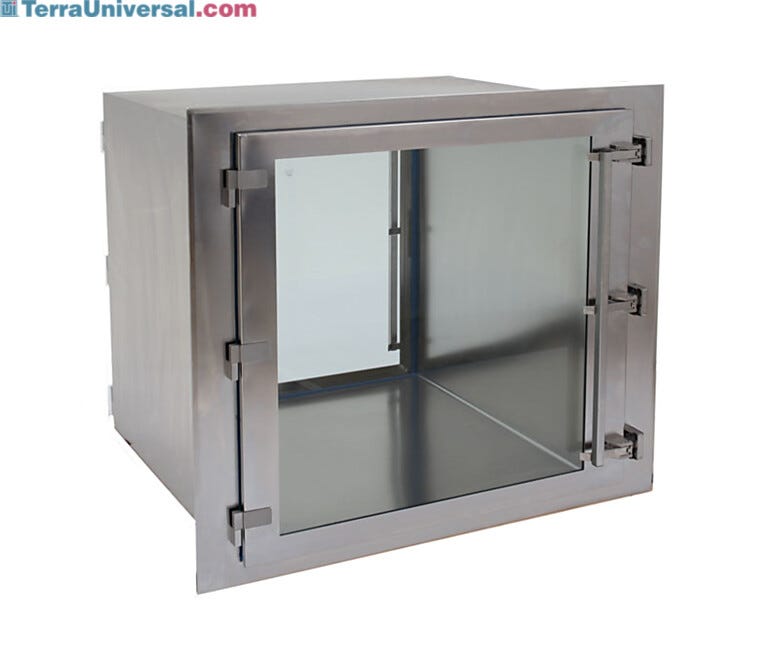 CleanMount(tm) BioSafe Passthrough mounts flush against cleanroom wall | 2636-79C displayed