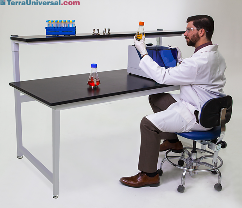 Epoxy resin top laboratory table with sturdy powder-coated steel base, shown with custom overhead shelf | 2903-09 displayed