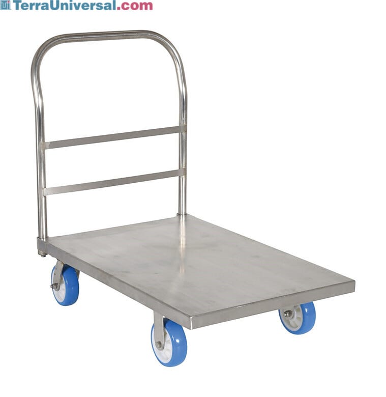 Stainless steel platform truck with 2,000 lb. static capacity features elevated handle and smooth-rolling casters for ergonomic material transport  |  3402-03 displayed