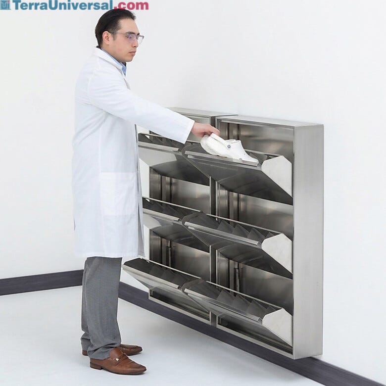 Tilt-out stainless steel compartments demonstrate easy access and ergonomic design for cleanroom footwear management | 2633-90 displayed