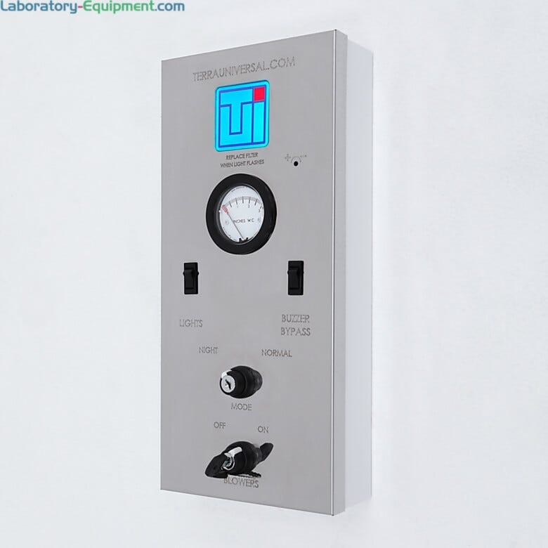 Softwall cleanroom control panel provides centralized control and monitoring of cleanroom functions; status indicator LED blinks when FFU filters need replaceme | 6600-25A-NS displayed