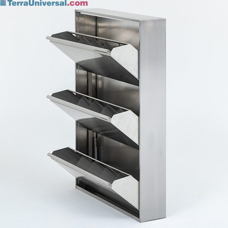 Wall-mounted stainless steel shoe cabinet featuring three storage compartments | 2633-90 displayed