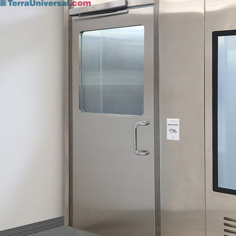 Left hand reverse stainless steel automatic cleanroom door  |  1999-87A-HW-L displayed