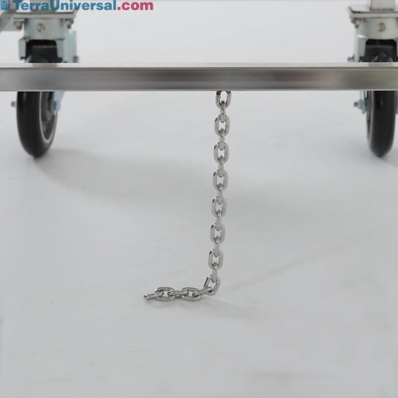 Grounding chain attached to the bottom of electropolished stainless steel cleanroom cart | 9600-14 displayed