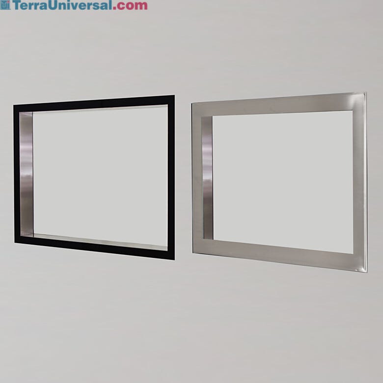 Shown is a side-by-side comparison of framed and frameless BioSafe windows. The frameless design is mounted flush with the existing wall. | 6603-19-1602 displayed