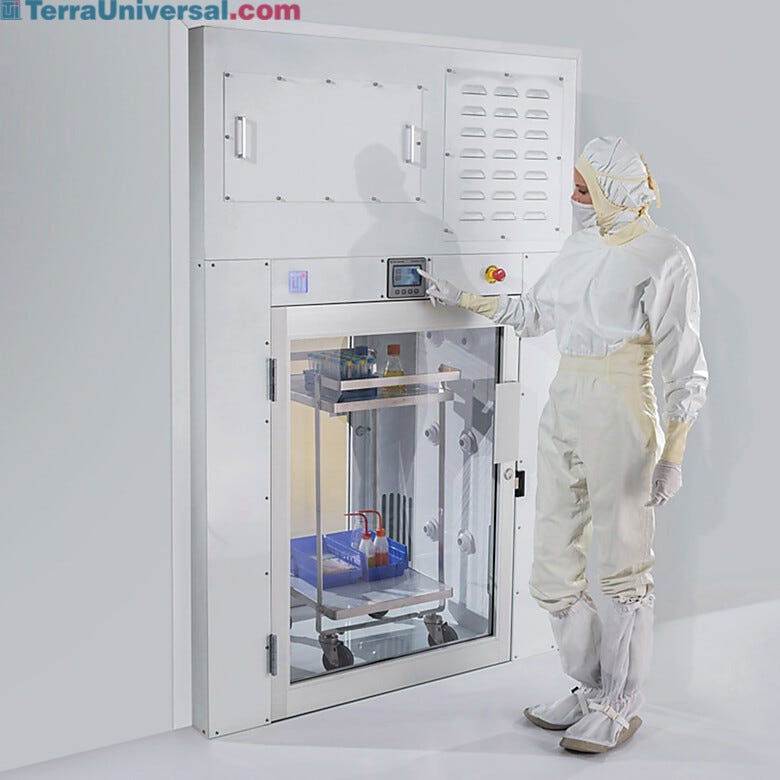 Air shower pass-throgh removes surface-deposited particles from carts and other large materials  |  6705-70 displayed