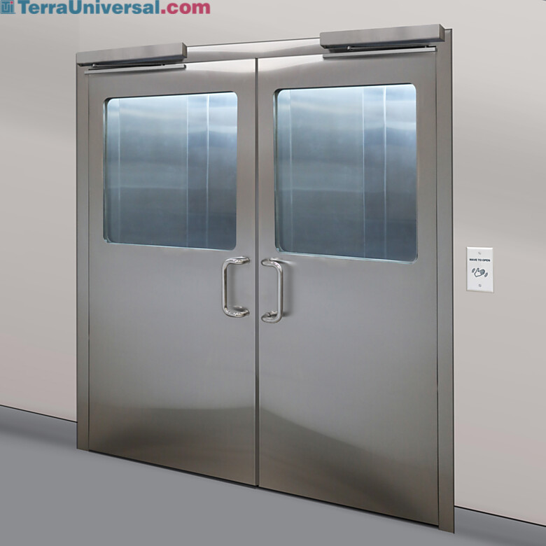 Stainless steel double doors with partial view flush mount windows and ladder style pull handles  |  6602-94B displayed