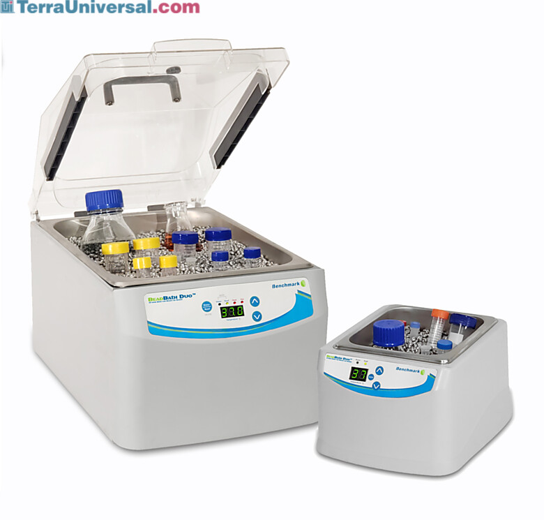 2L and 10L BeadBath Duo(™) by Benchmark Scientific with thermal beads and test bottles in containers