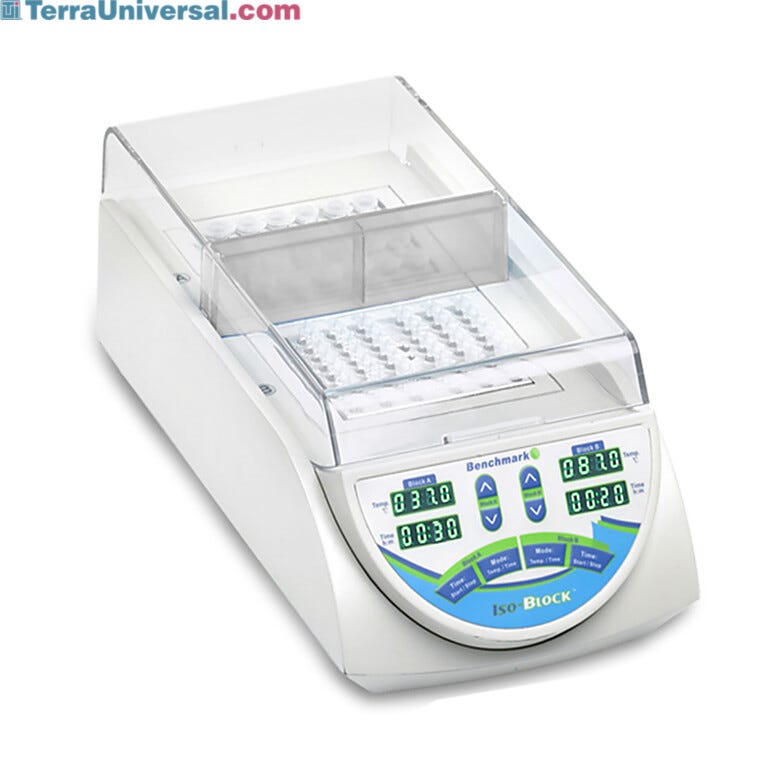 Benchmark's IsoBlock is a digital dry bath that features two isolated chambers maintain independent time and temperature control | 2829-49 displayed