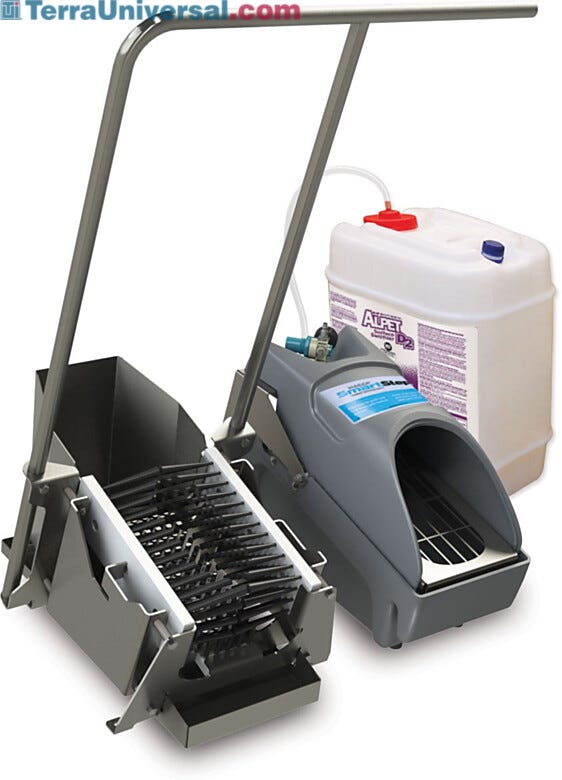 The SmartStep footwear sanitizing system is shown with optional boot scrubber and stainless steel handle