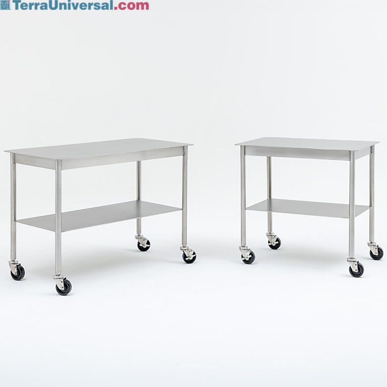 BioSafe® stainless steel instrument tables with lower shelf and rubber casters for reliable transport across sterile environments | 9609-PP-02 displayed
