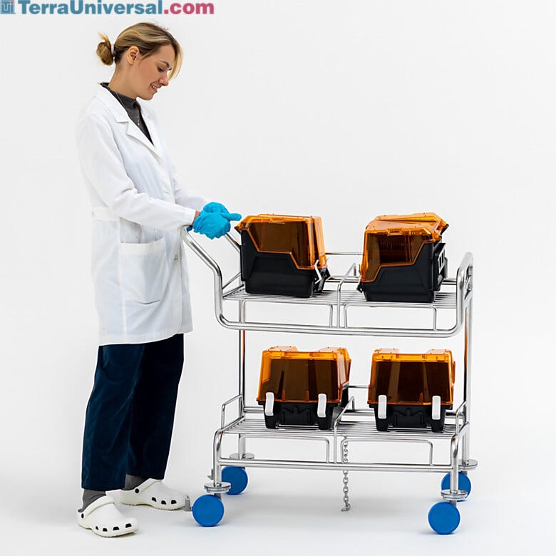 Round tubes provide smoother surfaces for reduced particle accumulation. Electropolished stainless steel cart with angled shelves secures wafer boats | 9600-14A displayed