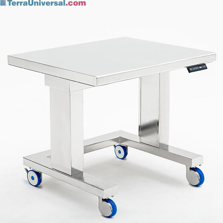 Fully encased adjustable height work station suited for critical environments. Electropolish finish and hygienic casters included | 9605-33-E-EP displayed