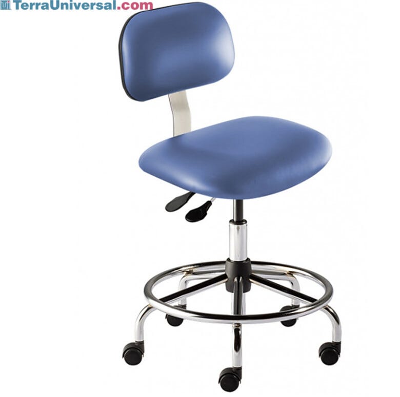 ANSI and LEED compliant Biofit Bridgeport BTS-M-RC ISO 6 Lab Chair features Grade 2 blue vinyl, casters, footring, a steel base and a 21-28