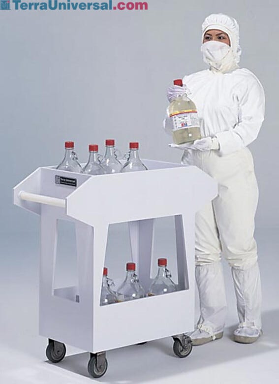 Polypropylene chemical transport cart with 12 compartments to transfer 1-gallon jugs and bottles filled with acids and other corrosives  |  3401-00 displayed