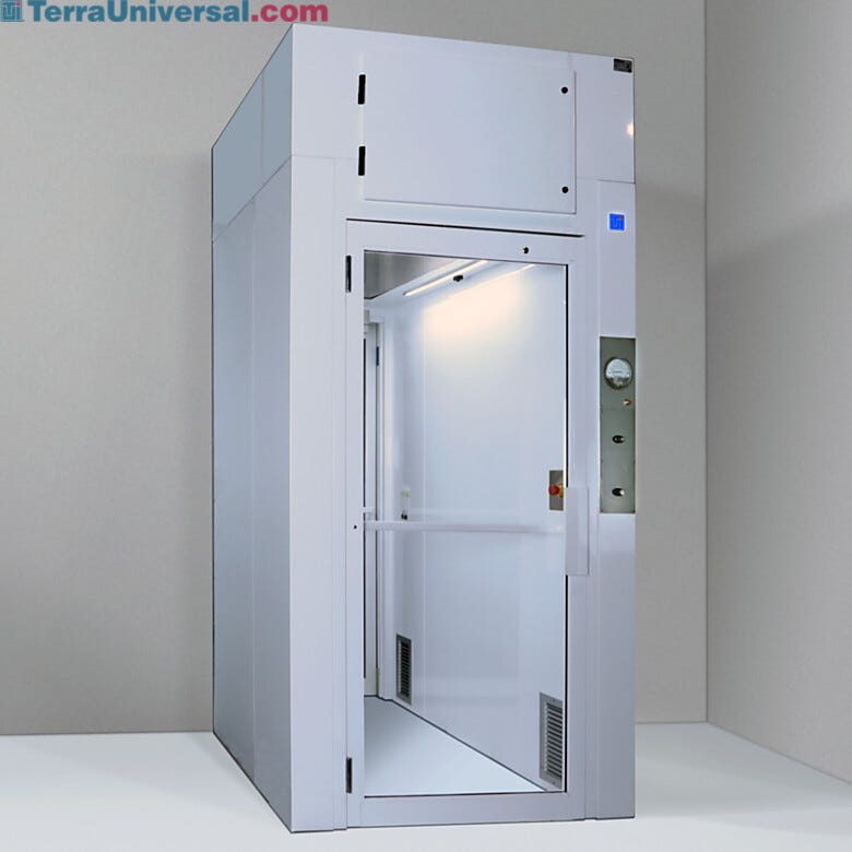 Pressurized cleanroom airlock for personnel with interlocking doors, 2’x 4’ low-energy EC fan filter unit, room-side replaceable HEPA filter  |  6010-17A-PAL displayed