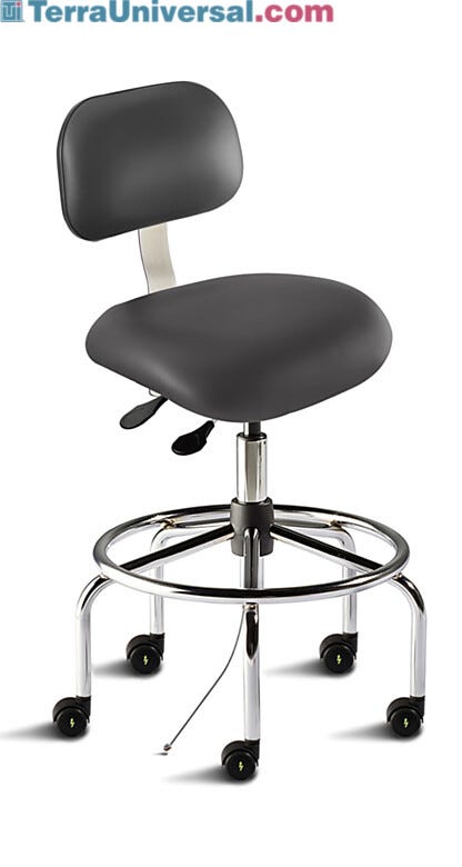 Biofit black desk chair includes tubular steel base, large trapezoid backrest, saddle-shaped seat, footring, and dual-wheel casters for ESD applications