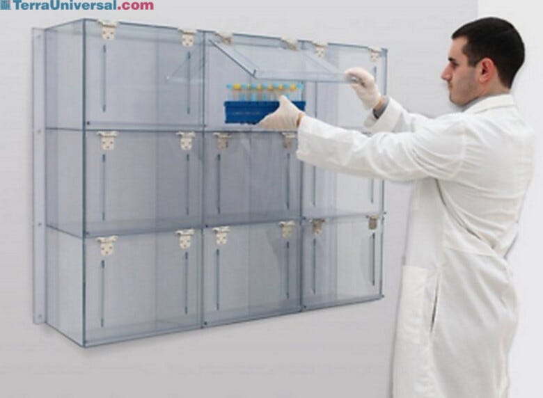 Plastic 9 Compartment Wall Mounted Cleanroom Storage Cabinet Shown with Model  |  4105-02 displayed