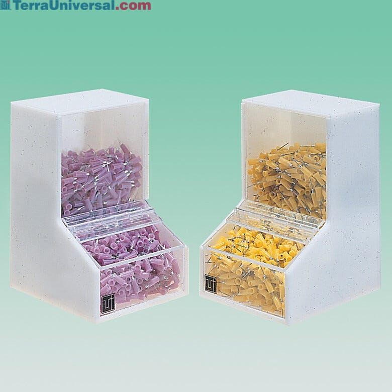 Acrylic Dispensing Bins by Terra Universal with hinged lids for easy one-hand dispensing  |  4950-12 displayed