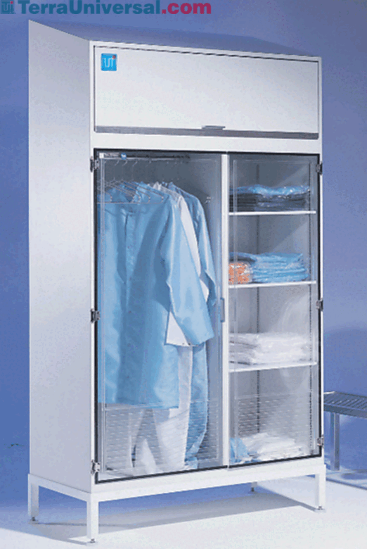 Cleanroom Storage Cabinet for Supply Garments shown with props  |  4101-18D-220 displayed