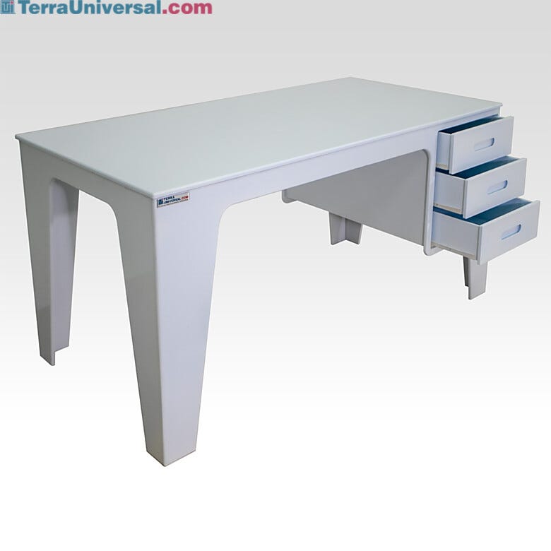 All-polypropylene white work table with 3 integrated left-side drawers  |  7018-41 displayed