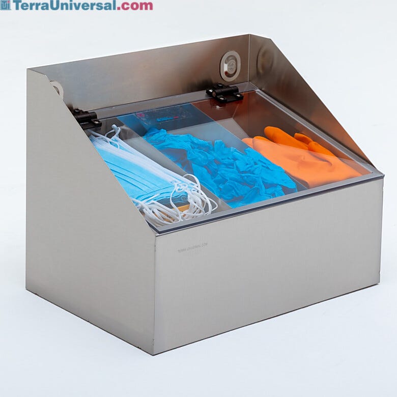 Glove dispenser enhances cleanliness by safely storing PPE equipment in separate compartments    |  4952-92 displayed