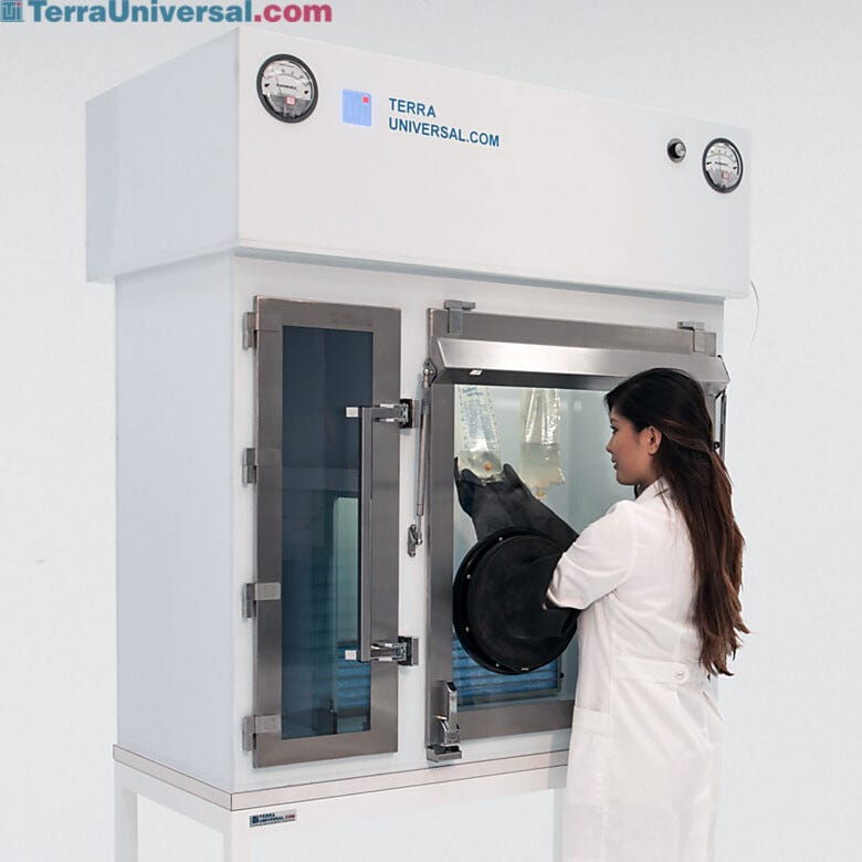 USP 797-compliant BioSafe® Compounding Aseptic Isolators maintain an ISO 5 environment through HEPA filtration of both chambers  |  2900-58B displayed