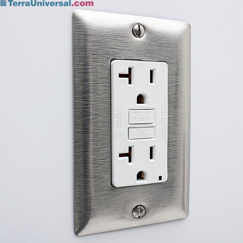 GFCI duplex power outlet with stainless steel cover and quick-connect plug  |  6704-33A displayed