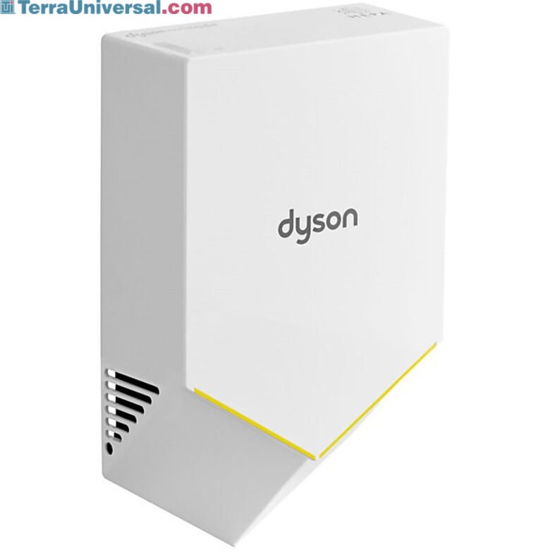 Hand dryer by Dyson with polycarbonate construction and white finish features HEPA filtration while being ADA compliant  |  3333-01 displayed