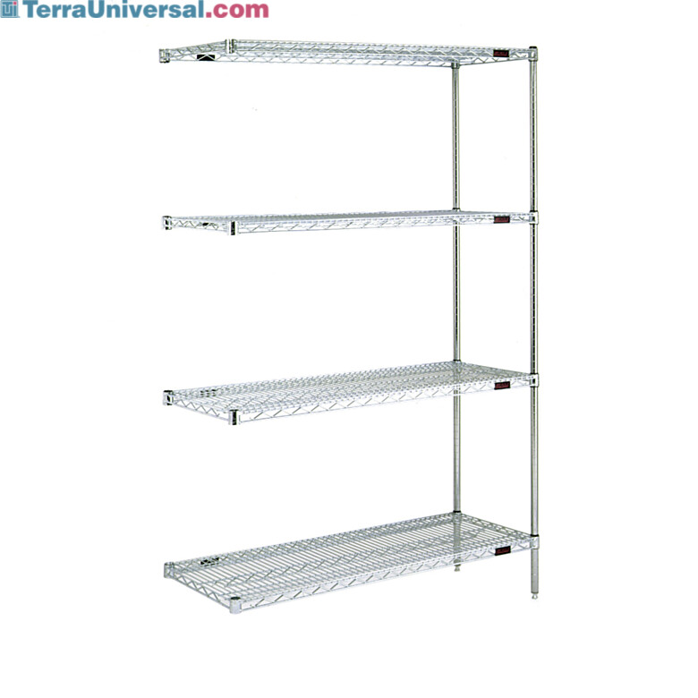 Complete 4-shelf add-on system by Eagle Group with adjustable open-wire shelves easily attaches to existing shelving system; available in low cost chrome-plated