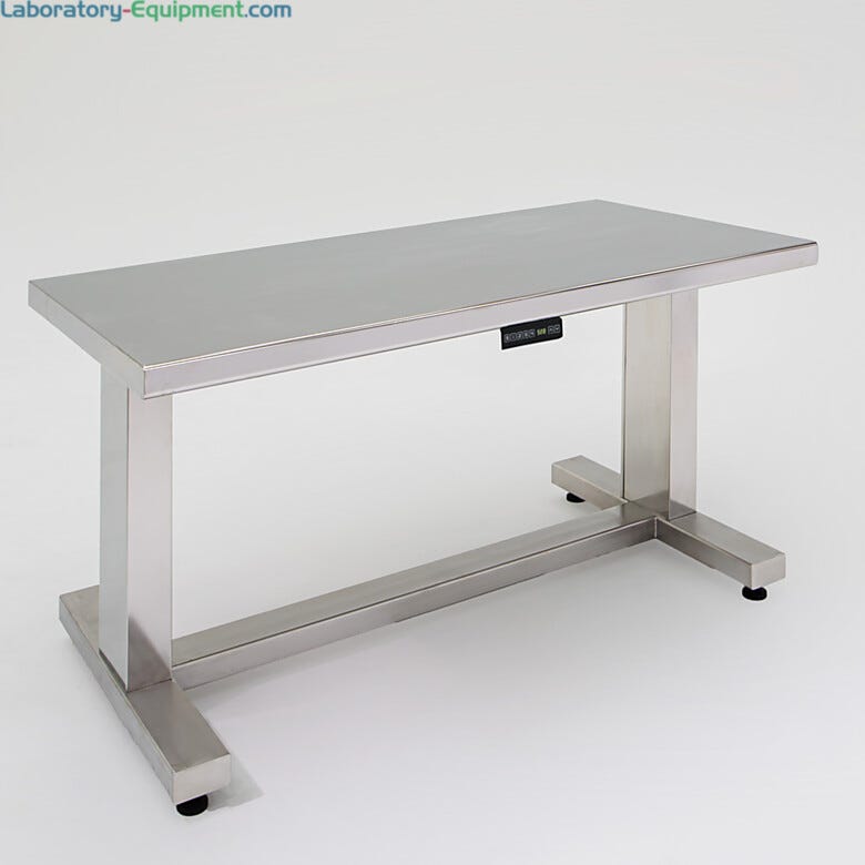 ErgoHeight® adjustable tables include heavy-duty stainless steel top and frame for lateral stability and cleanroom compatibility  |  3504-02A displayed