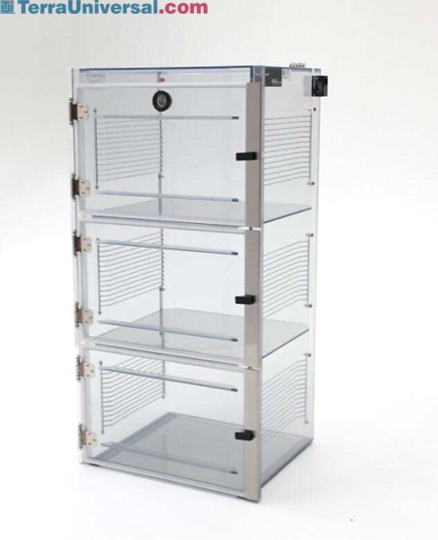 ValuLine® ESD-safe desiccator cabinet, static-dissipative PVC, 3 chambers with adjustable shelving | 3949-32C displayed