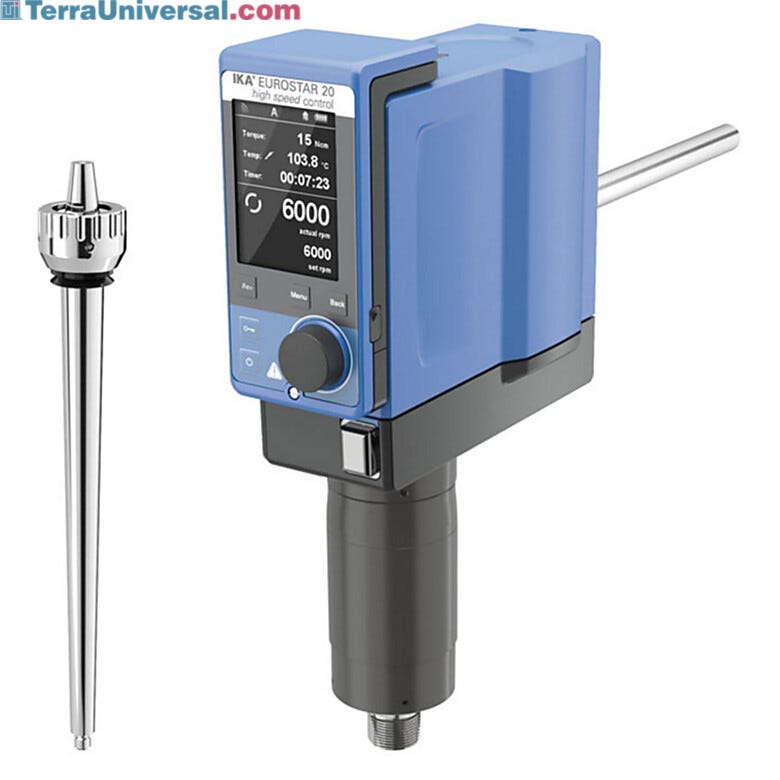 IKA EUROSTAR 20 High-Speed Control Overhead Stirrer features a wireless controller, digital TFT display, torque display, USB and RS 232 interface; 20L capacity  |  6927-22 displayed