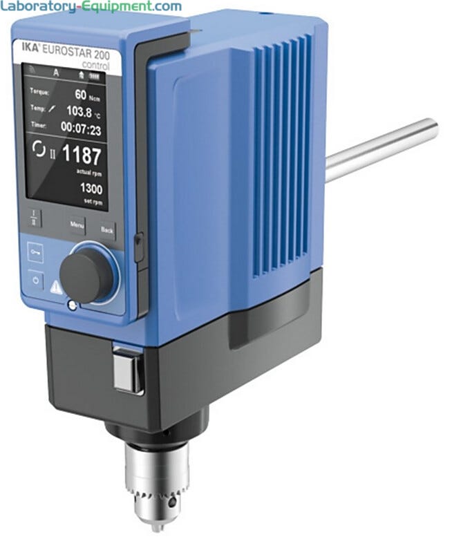 IKA EUROSTAR 200 control Overhead Stirrer with a 100L capacity features programmable functions and a wireless controller integrates with lab software | 6926-98 displayed