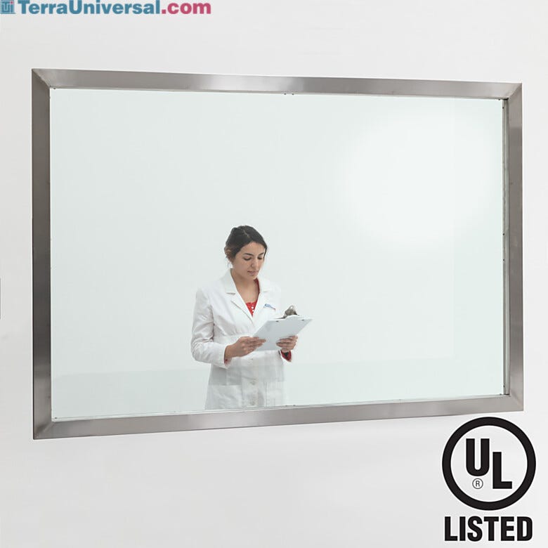ISO 5, 316L stainless steel-framed window fits flush on cleanroom wall
