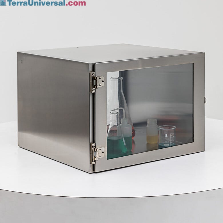 ISO 6 Stainless steel desiccator cabinet, single chamber design, provides dry and sterile storage environment.