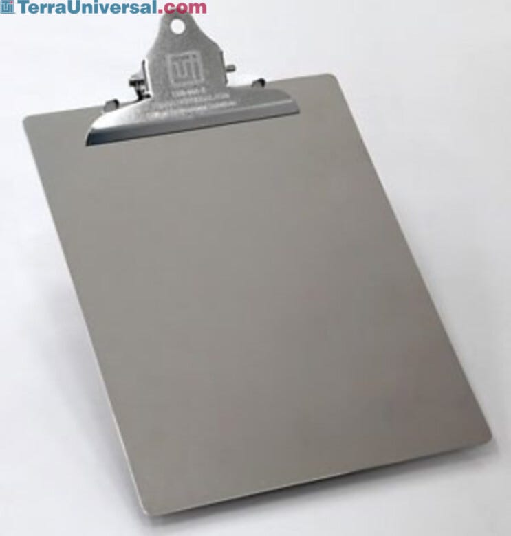 Stainless steel BioSafe Cleanroom Clipboards provide non-shedding, durable, conductive surfaces, ideal for aseptic environments  |  1350-00A-2 displayed