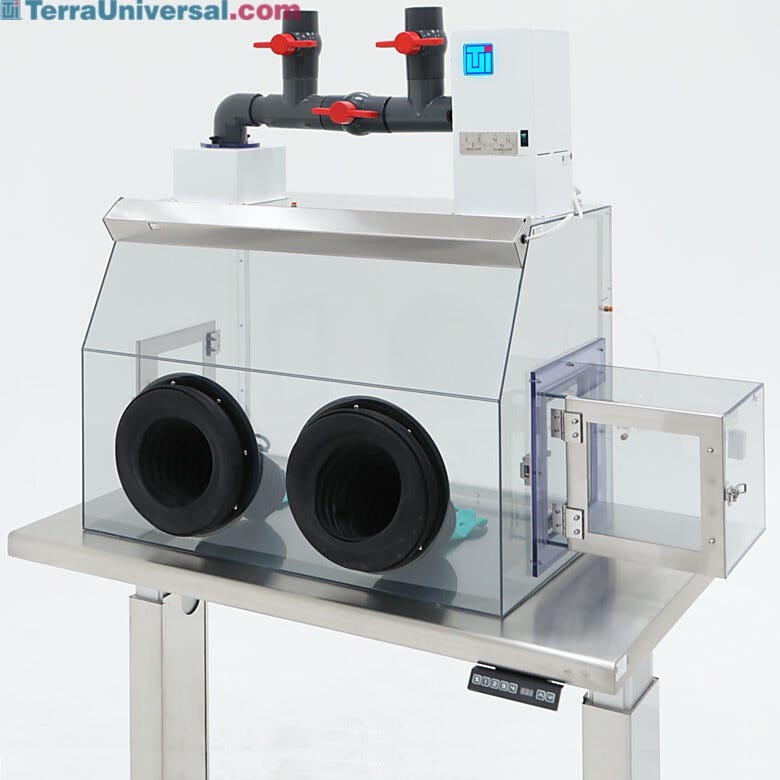 Glove box with filtration module adjustable to single-pass or continuous recirculation operation, shown with optional air lock  |  3306-62 displayed