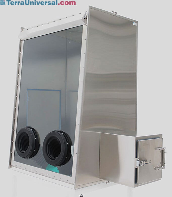 Full-View Stainless Steel Glove Box provides a clean, low-humidity environment (shown with optional air lock, gloves)  |  9670-04 displayed