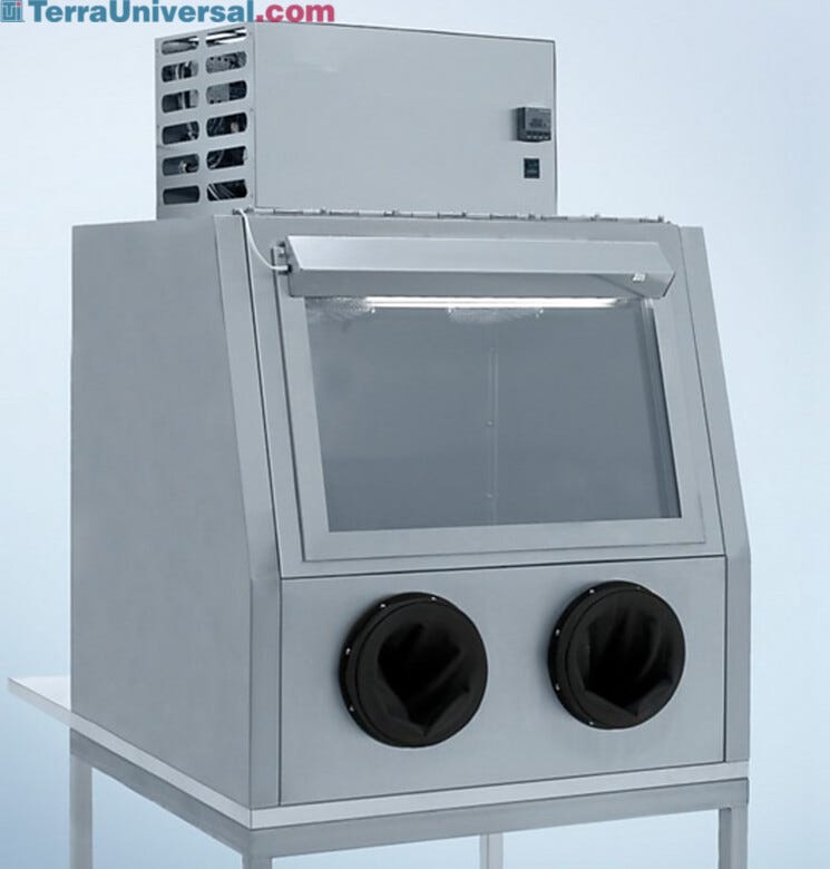 Stainless Steel Insulated Glovebox Shown with optional temperature control system and stand.  |  1696-06A displayed