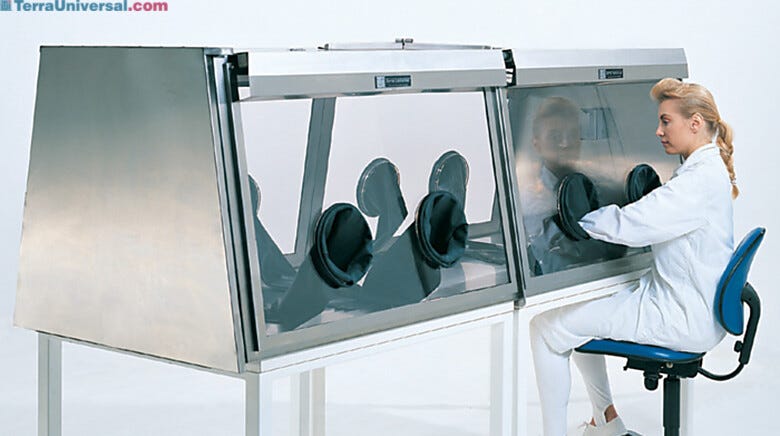 Stainless Steel Full-View Series 500 Glove Boxes provide dual-side access (twin model shown with optional gloves, stand) | 1694-32A displayed