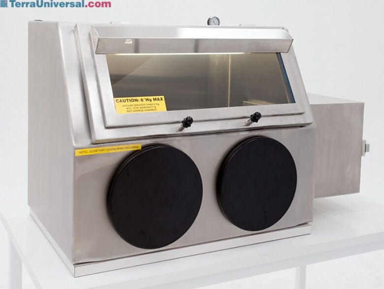 Single Series 310 Negative Pressure Glovebox Shown with optional gauge, stand, and right sided airlock. | 3305-54B displayed