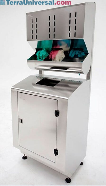 BioSafe® stainless steel glove dispenser is mounted on a stainless steel waste disposal cabinet  |  4951-34A-2 displayed