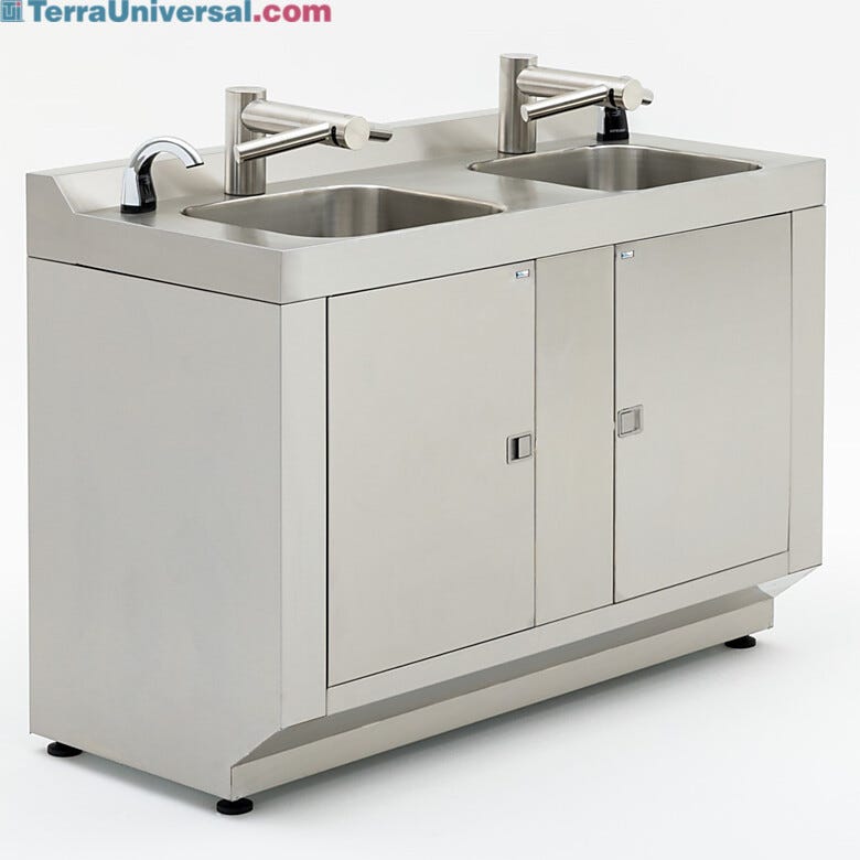 Automatic faucets and Dyson AirBlade® hand dryers with smooth disinfectant-ready stainless steel surfaces | 9600-61D displayed