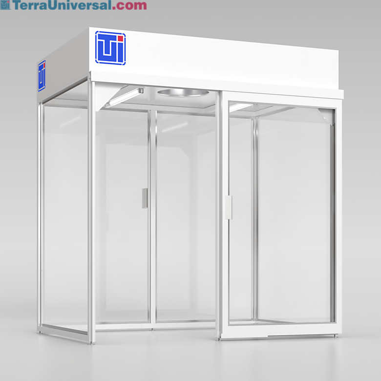 Fume hood with manual sliding door-sash creates floor-to-ceiling enclosure with fully transparent PVC paneling. Shown with optional vapor-proof lighting. | 2400-60 displayed
