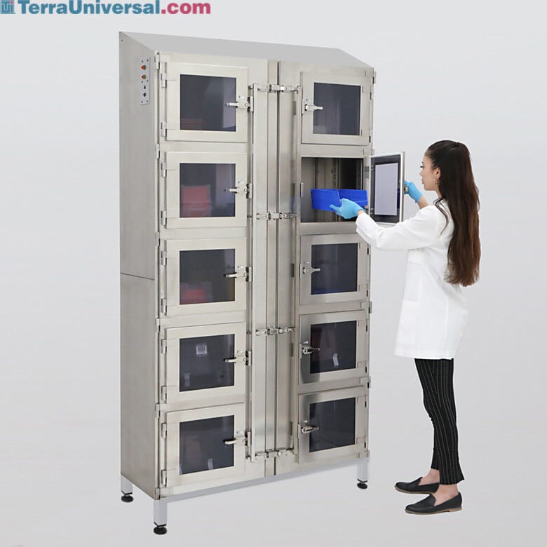 Ten chamber ISO 6 stainless steel desiccator cabinet with adjustable shelves; door-on-door design minimizes contamination Influx with adjustable shelves  |  1990-24A displayed