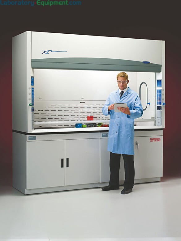 Protector XL Benchtop Laboratory fume hood by Labconco shown with optional storage cabinets | 3649-41 displayed