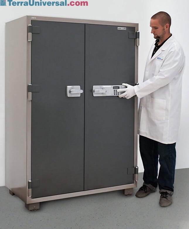 The Double-Door Fire-rated Safety Cabinet features heavy-duty locking bolts that secure the door's perimeter to the chamber | 6500-16 displayed