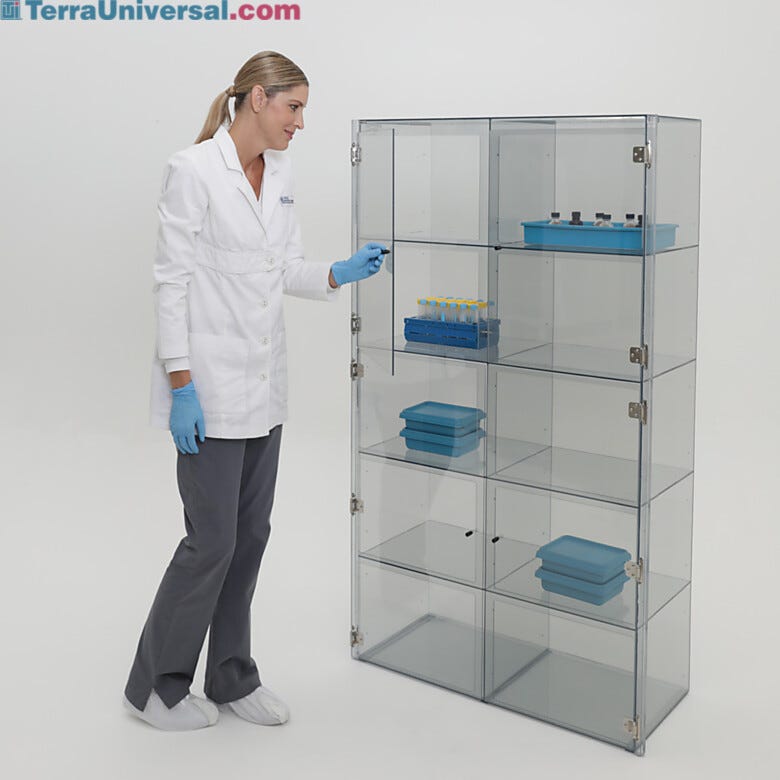 Plastic cleanroom storage cabinet with 10 chambers, 4 doors; ESD-safe design features static-dissipative PVC and grounding tape to door hinges | 3948-16 displayed